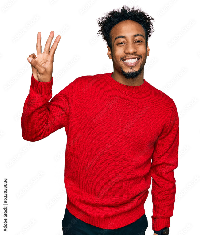 Young african american man with beard wearing casual winter sweater showing and pointing up with fingers number three while smiling confident and happy. Young african american man with beard wearing casual winter sweater showing and pointing up with fingers number three while smiling confident and happy.