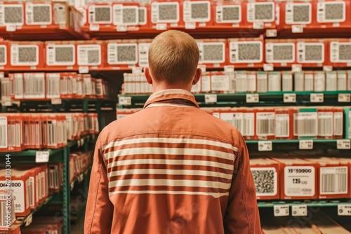 Man in Warehouse Surrounded by Barcoded Packages, Symbolizing Human Standardization