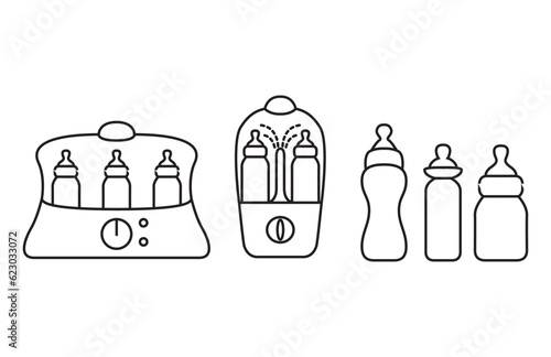 Healthy bottle sterilizer icon.Milk bottle sterilizer device.Baby mother breast milk bottles. Idea of disinfection and hygiene. Accessories for newborn.Outline vector illustration.