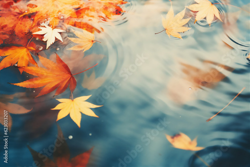 autumn leaves floating on calm water in close up, create using generative AI tools © Maizal
