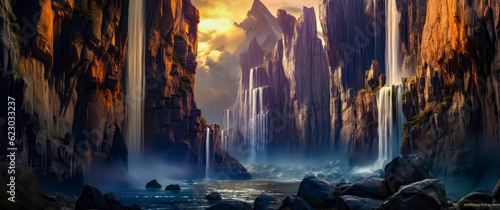 waterfalls at sunrise  fantasy style