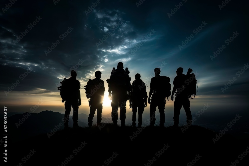 Triumph at Sunset: Silhouetted Group of Hikers on Mountain Top