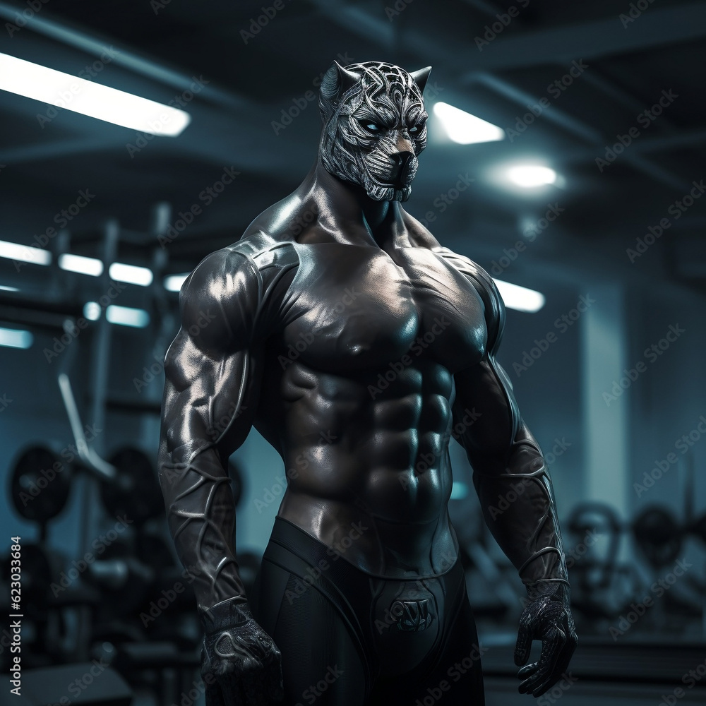 fit Jaguar standing at the gym, Fit Jaguar showcasing strength and power at the gym, generative AI