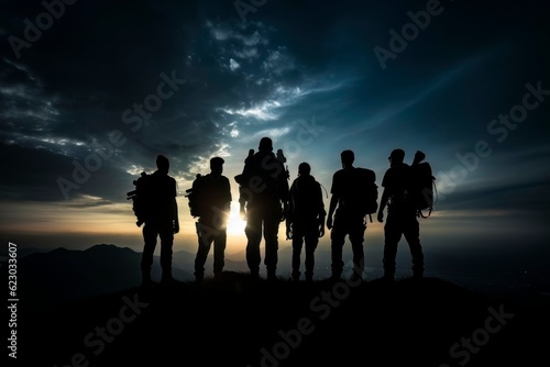 Triumph at Sunset: Silhouetted Group of Hikers on Mountain Top