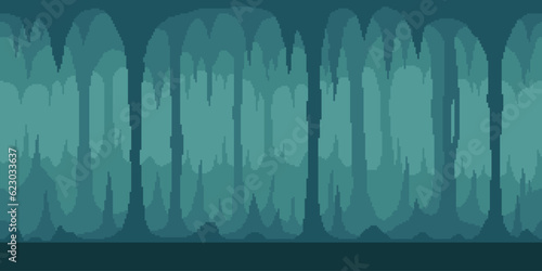 Colorful simple vector pixel art horizontal illustration of turquoise cave of stalagmites and stalactites in the style of retro platformer video game level
