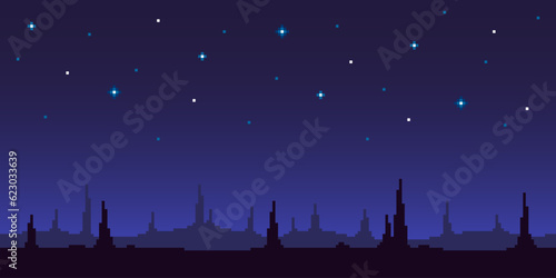 Colorful simple vector pixel art horizontal illustration of fantasy planet under starry sky in the style of retro platformer video game level