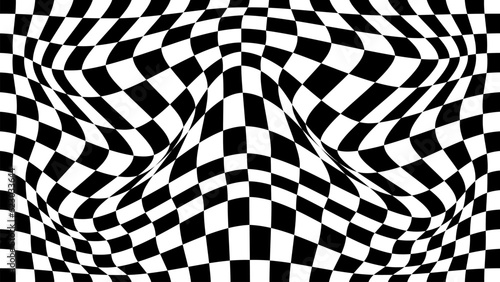 Vector wave with optical illusion with black and white cube. Abstract geometric chess pattern. Psychedelic texture. Op art with monochrome background. Floor checkerboard.