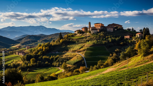 Tuscany landscape with vineyards  hills and house in Italy