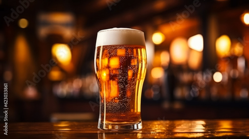 Glass of beer on wooden table in pub, bar counter with blurred background