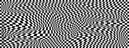 Vector wave with optical illusion with black and white cube. Abstract geometric chess pattern. Psychedelic texture. Op art with monochrome background. Floor checkerboard.