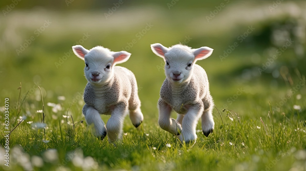 Fluffy white baby lambs as they romp and play in a verdant field. Their soft, pristine wool and endearing presence create a sense of tranquility and happiness. Generated by AI. Fluffy white baby lambs as they romp and play in a verdant field. Their soft, pristine wool and endearing presence create a sense of tranquility and happiness. Generated by AI.