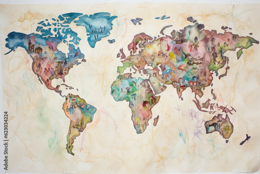 watercolor world map drawing. Generative AI