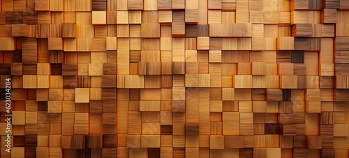 Abstract block stack wooden 3d cubes on the wall for background banner panorama - Brown wood texture for backdrop or wallpaper (Generative Ai)