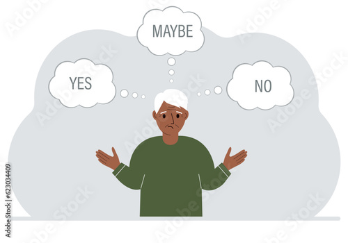A man spreads his arms to the sides and makes a choice or makes a decision. Air bubbles with text yes, no, maybe.