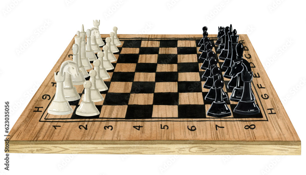 Watercolor wooden chess board with black and white pieces watercolor isolated illustration on white background. Hand drawn brown desk with figures for beginning of the game Watercolor wooden chess board with black and white pieces watercolor isolated illustration on white background. Hand drawn brown desk with figures for beginning of the game