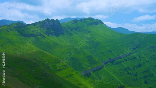 Aerial view from a drone. Spring landscape in the Picones de Sopeña, in the surroundings of the village of San Roque de Riomiera. Valleys Pasiegos, Cantabria, Spain, Europe photo