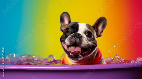 Cute french bulldog with tongue is bathing isolated on rainbow background © fotogurmespb