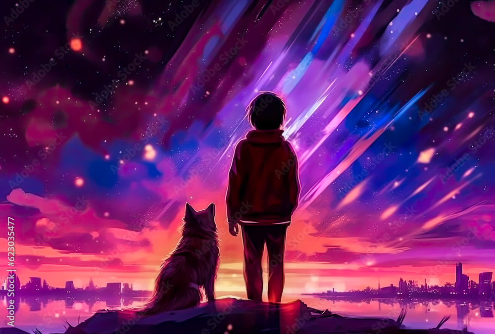 a young man is looking at the sky with a dog, painting style