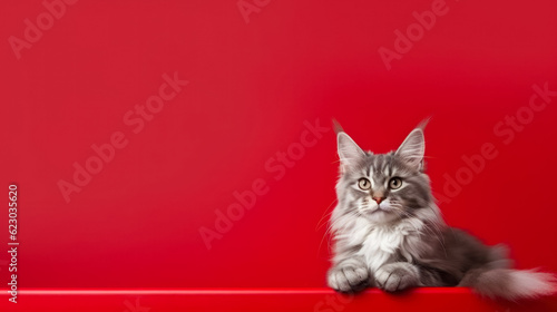 Maine Coon kitten isolated on red background with copy space © fotogurmespb