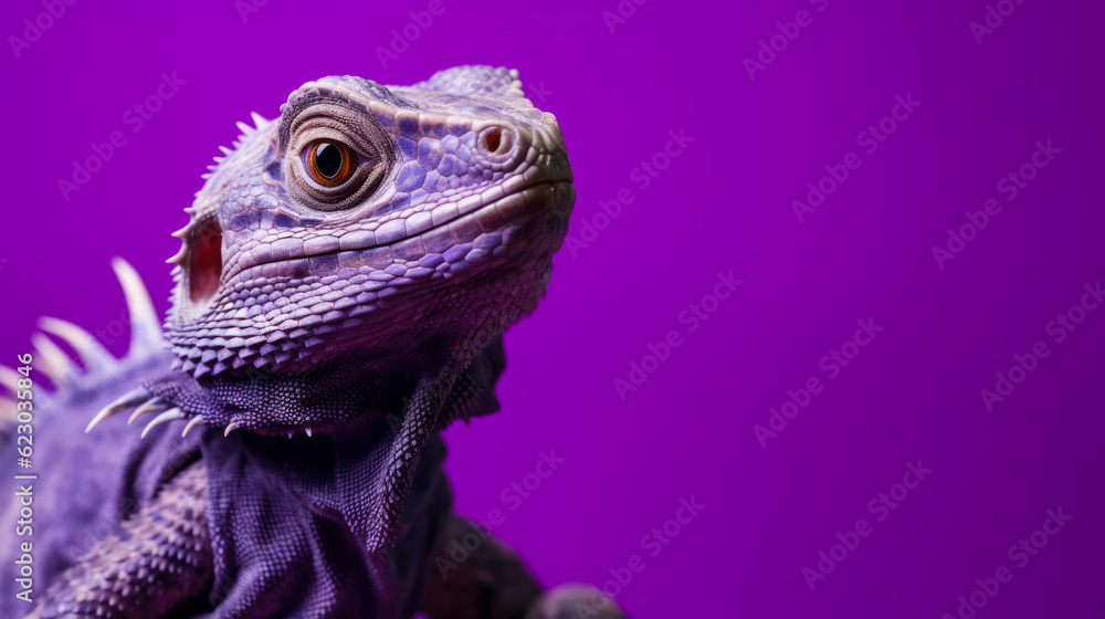 Purple iguana on purple background. Copy space