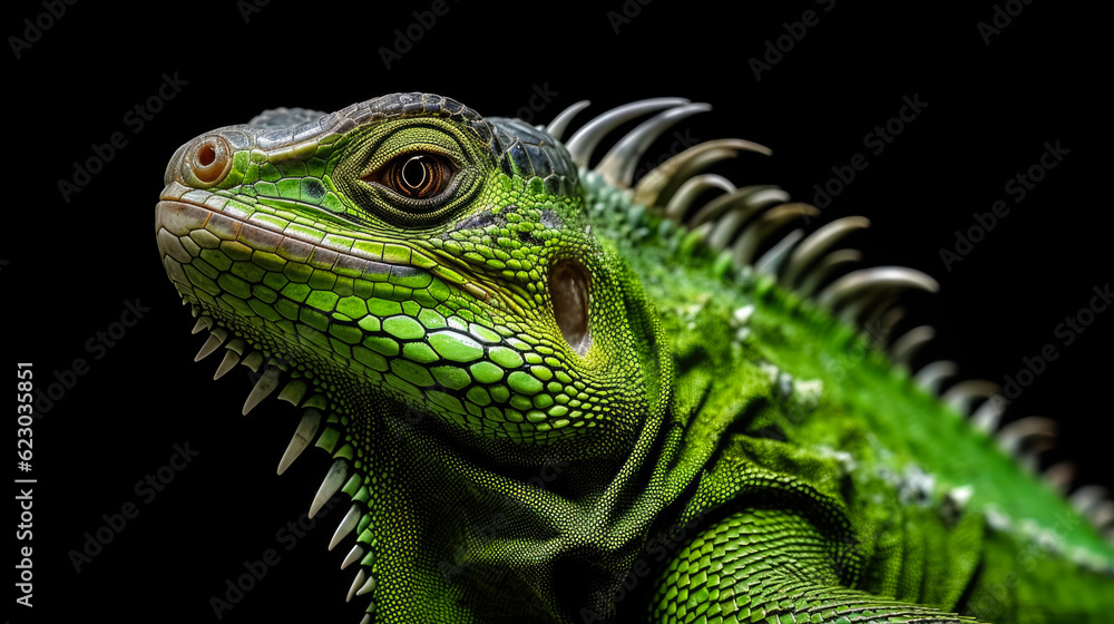 Green iguana on a branch on a black background, close-up Green iguana on a branch on a black background, close-up