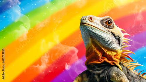 iguana on rainbow background. Copy space