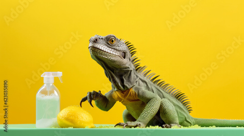 Green Iguana on yellow background making spa  copy space