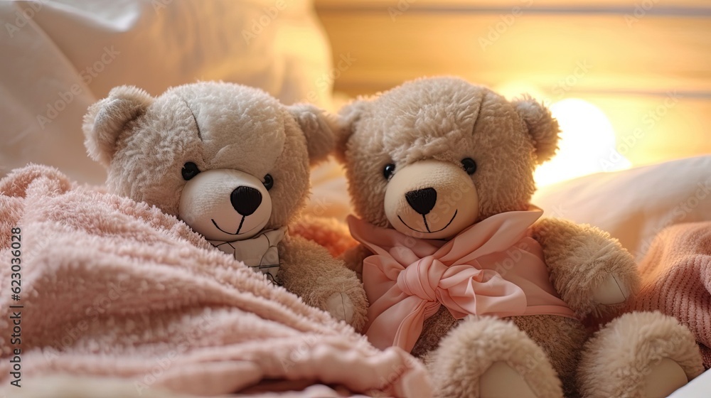 Snuggly teddy bears cuddle up in bed, exuding warmth and love. These cherished plush toys create a sense of comfort and security, offering a soothing presence in any room. Generated by AI.