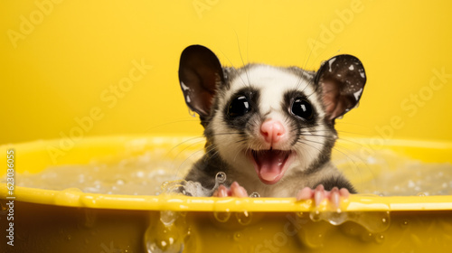 Cute little sugar glider is bathing  with funny expression on yellow background. © fotogurmespb