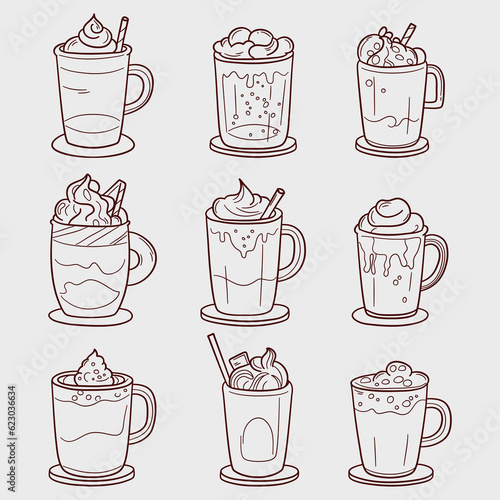 Collection of cold drink in glasses. Vector illustration in doodle linear illustration isolated background