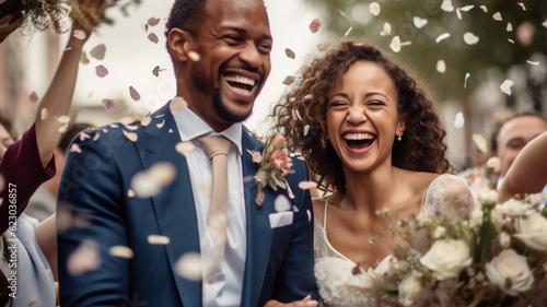 Foto Love, confetti and wedding with black couple and flowers for celebration, party and save the date event