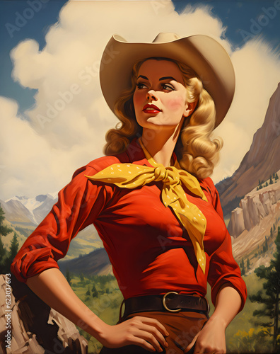 blonde cowgirl wearing red western shirt with desert mountain range vista vintage americana painting made with generative ai photo