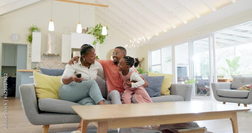 Support, black family and hug on sofa and in living room of their home happy together smiling. Love or care, happiness or bonding time and African parents cuddle on couch with their children in house Support, black family and hug on sofa and in living room of their home happy together smiling. Love or care, happiness or bonding time and African parents cuddle on couch with their children in house