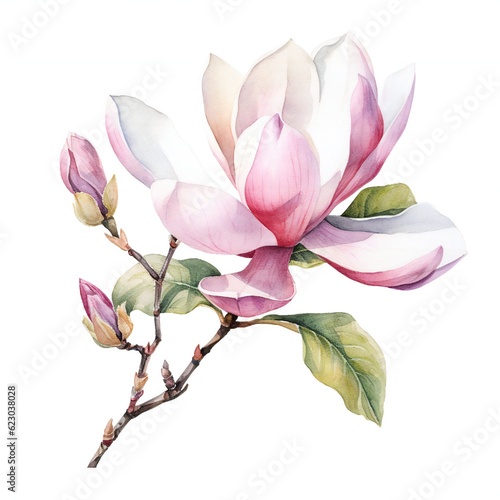 Watercolor Magnolia on white background Generative AI