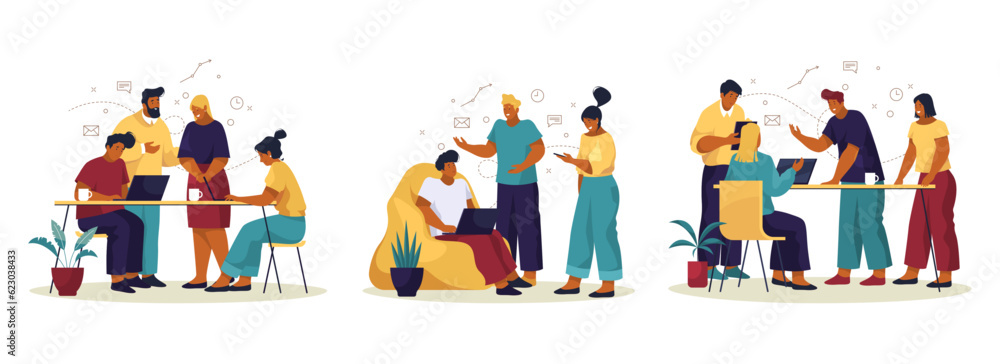 Team meeting or cowork, vector illustrations set
