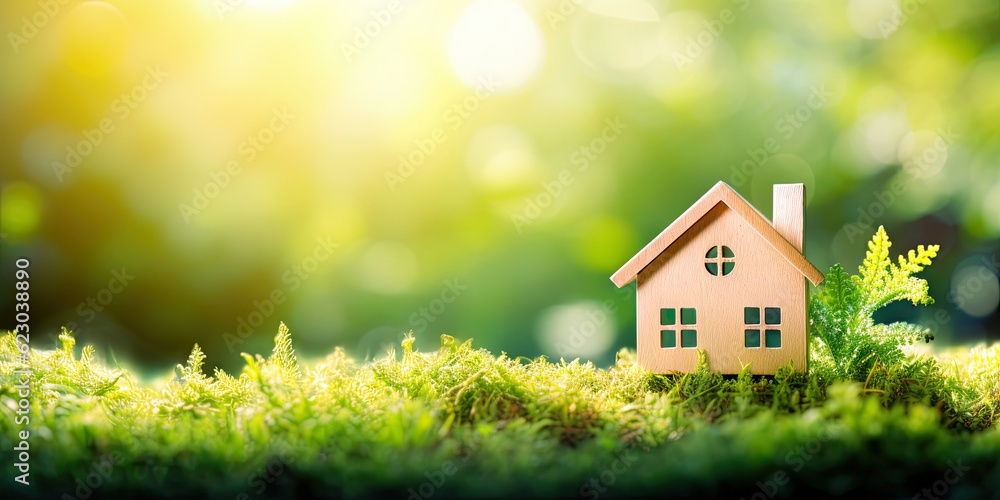 Investment concept. Forest scene with wooden house in beautiful garden on blur background Investment concept. Forest scene with wooden house in beautiful garden on blur background