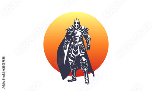 Vector powerful monochrome graphic ancient legendary knight warrior in armor at sunrise. White isolated background.