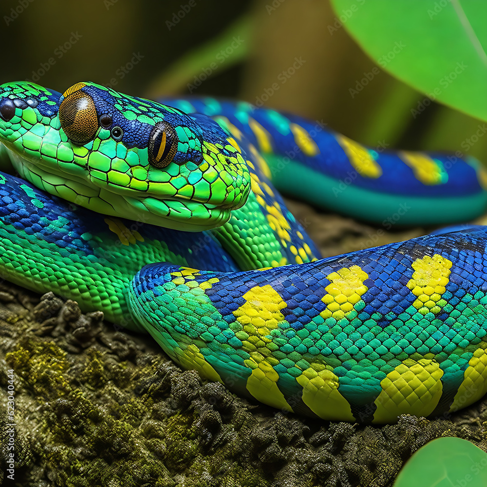 Fototapeta premium A green and blue snake on a log 
