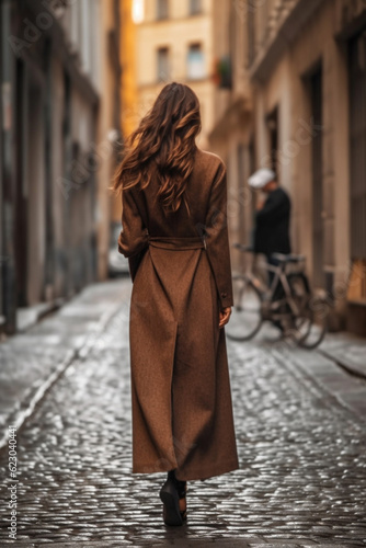 Lonely woman wearing long brown fancy coat. Autumn casual fashion street style. Back view