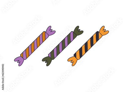 Halloween sweet treats set. Candies and snacks. Halloween candy in a wrapper. Trick or treat party. Cartoon candies vector.