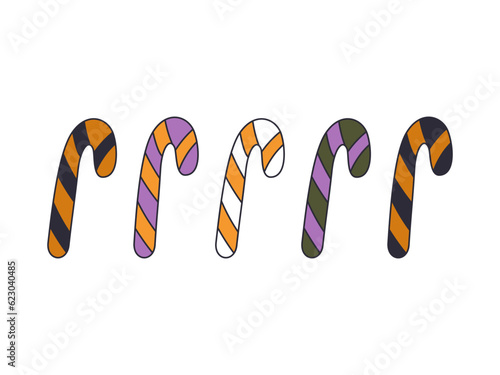 A set of Halloween candy canes. Candies and snacks. Halloween candy. Trick or treat party. Cartoon clollipop vector.
