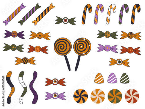 Halloween sweet treats set. Candies and snacks. Halloween candy. Trick or treat party. Cartoon candies vector.