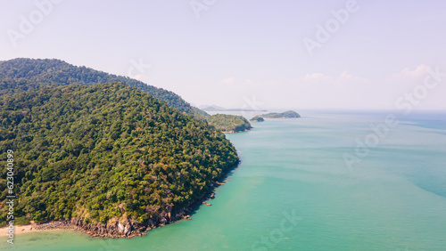 High angle drone shot of Kao Lanta, Krabi, Thailand on a clear day in the summer, suitable for family travel. walking tour resting