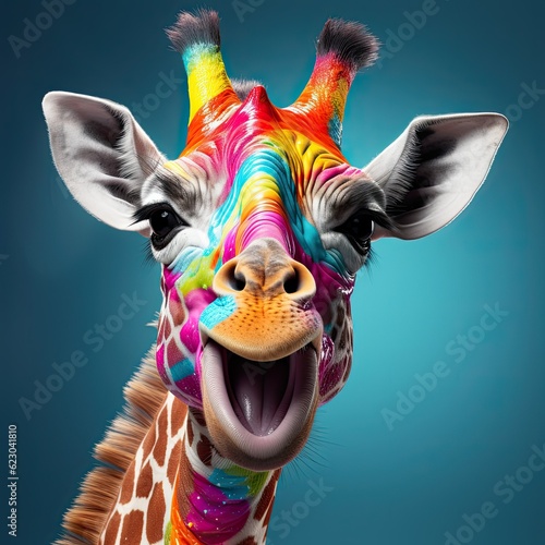 Dripping picture, colorful, bright, in rainbow colors Giraffe Close-up with a rainbow photon, illustration, Generative AI
