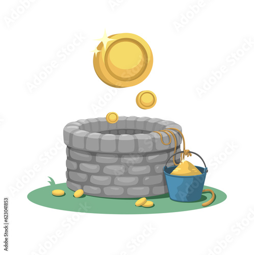 Wishing Well Full Of Gold Coin Cartoon illustration Vector