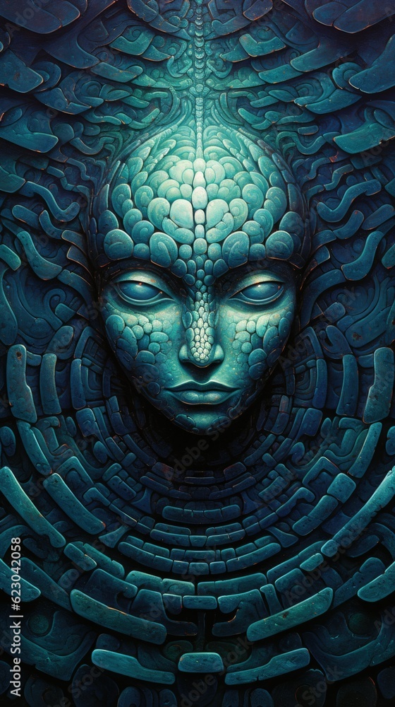 Alien female face with extraterrestrial surreal hybrid mix of Zeta Reticulan humanoid features in a carved stone mosaic sculpture - generative AI