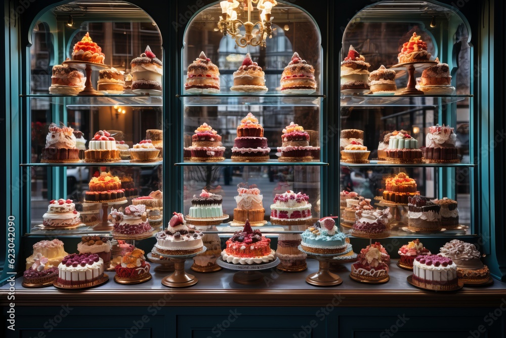 Pastry Shop Display Window With Cakes, Generative AI 
