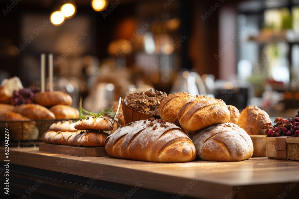 Table Top Counter With Blurred Bread Display, Generative AI Table Top Counter With Blurred Bread Display, Generative AI