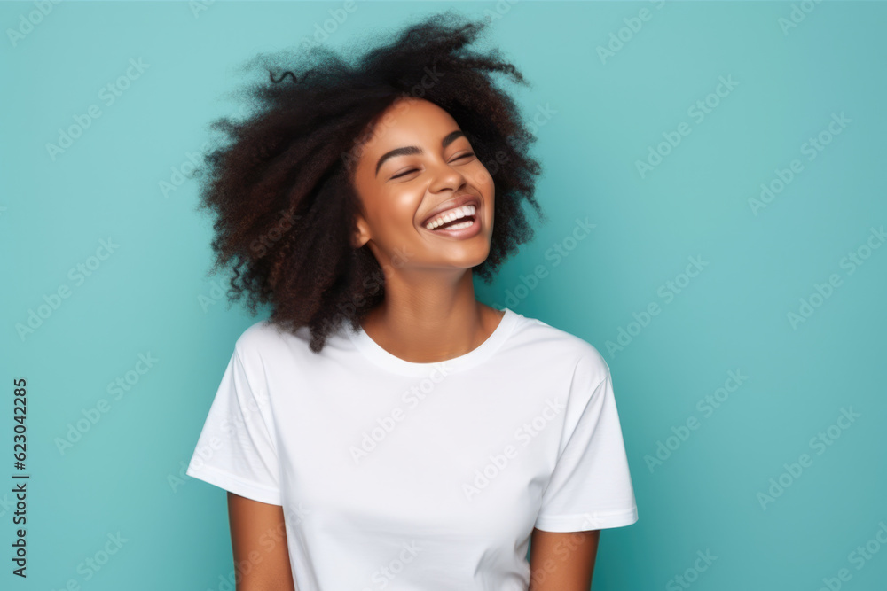 Close up of a young African American woman smiling and wearing a white t-shirt on a turquoise background. Generative AI Close up of a young African American woman smiling and wearing a white t-shirt on a turquoise background. Generative AI