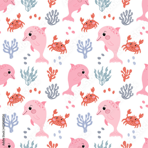 Seamless pattern with cute sea animals. Vector graphics on a white background  pecfect for wallpaper  wrapping paper  for designing prints on textiles  clothes  pillows  mugs.